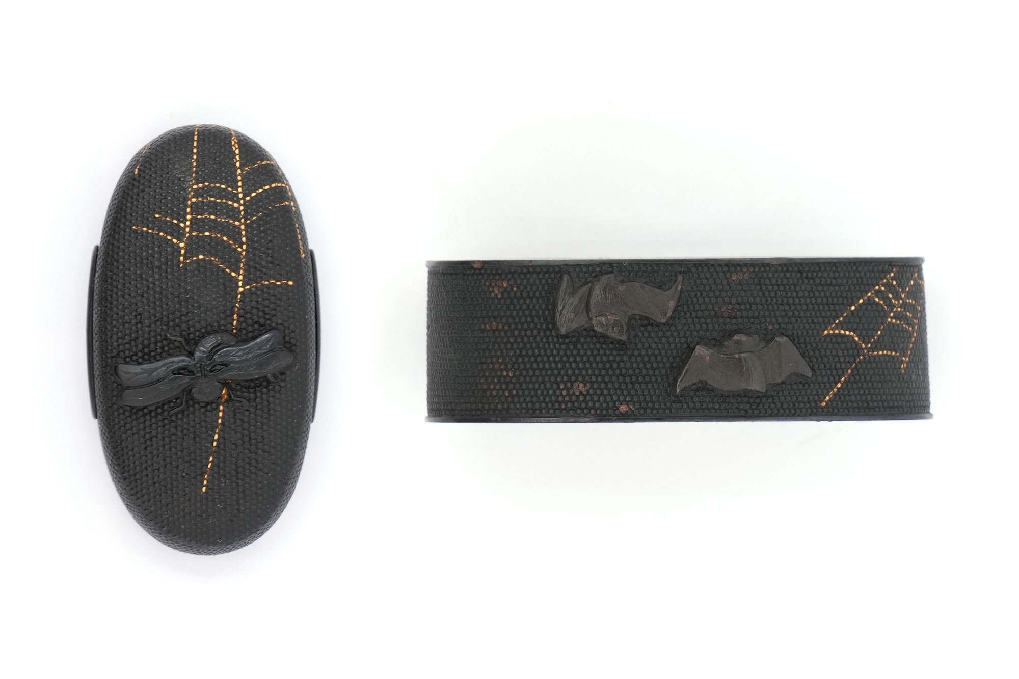 Fuchi-Kashira: Spiderweb, Kachimushi, and Bat Design, Mumei — 2 of 13