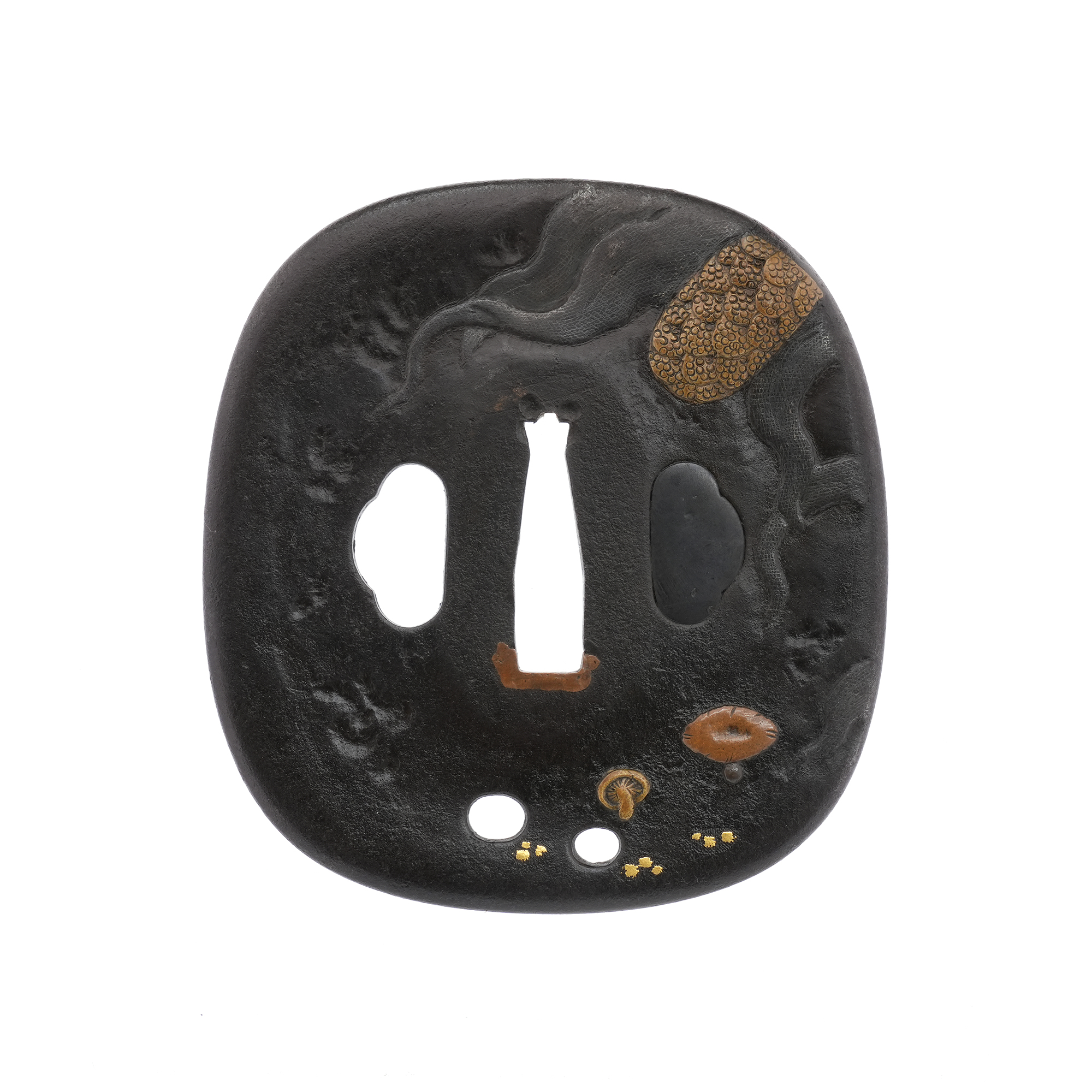 Tsuba with Moon, Millet, and Mushroom Design, Mumei (Aizu Shoami) — 1 of 8