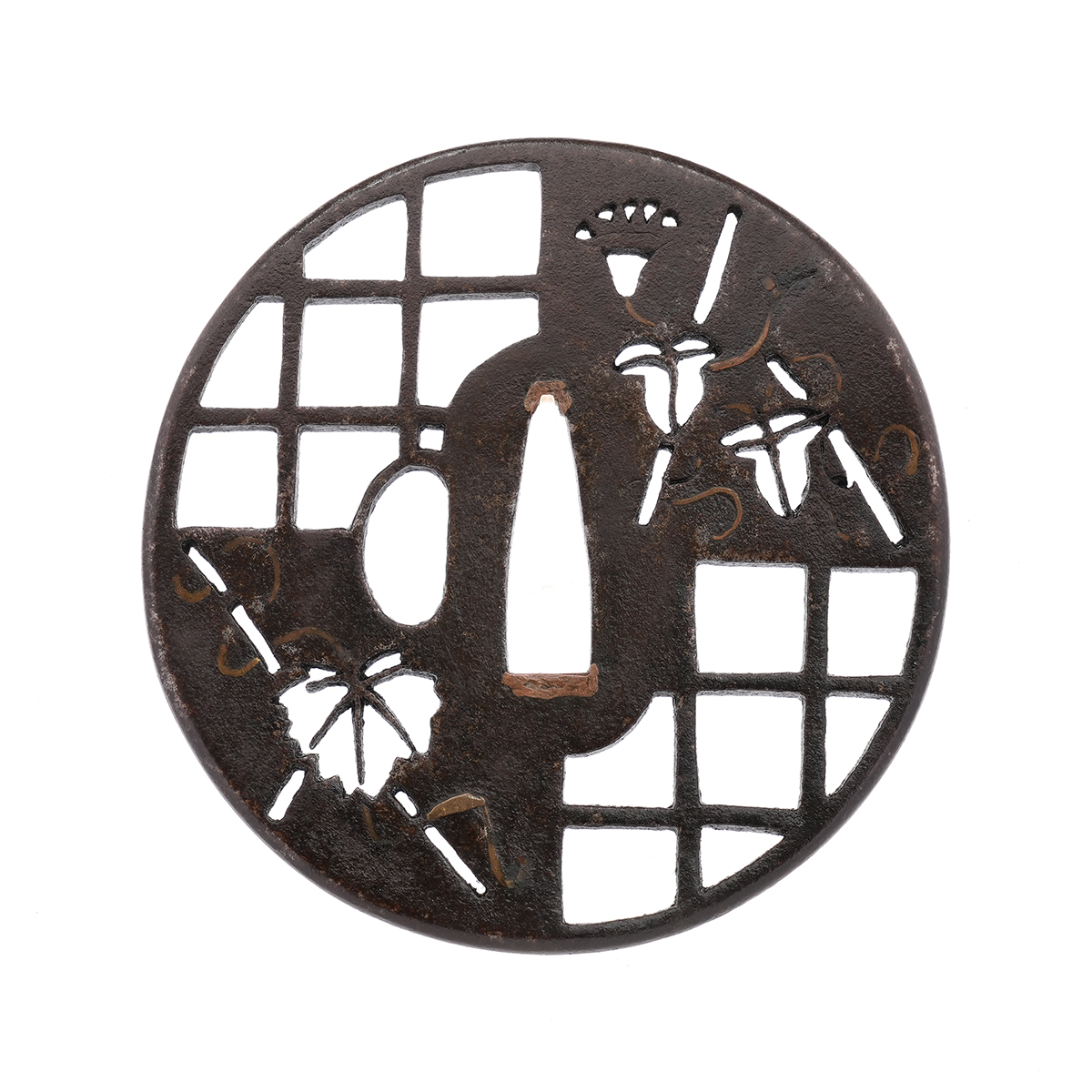 Tsuba with Morning Glory and Lattice Design, Mumei — 1 of 7