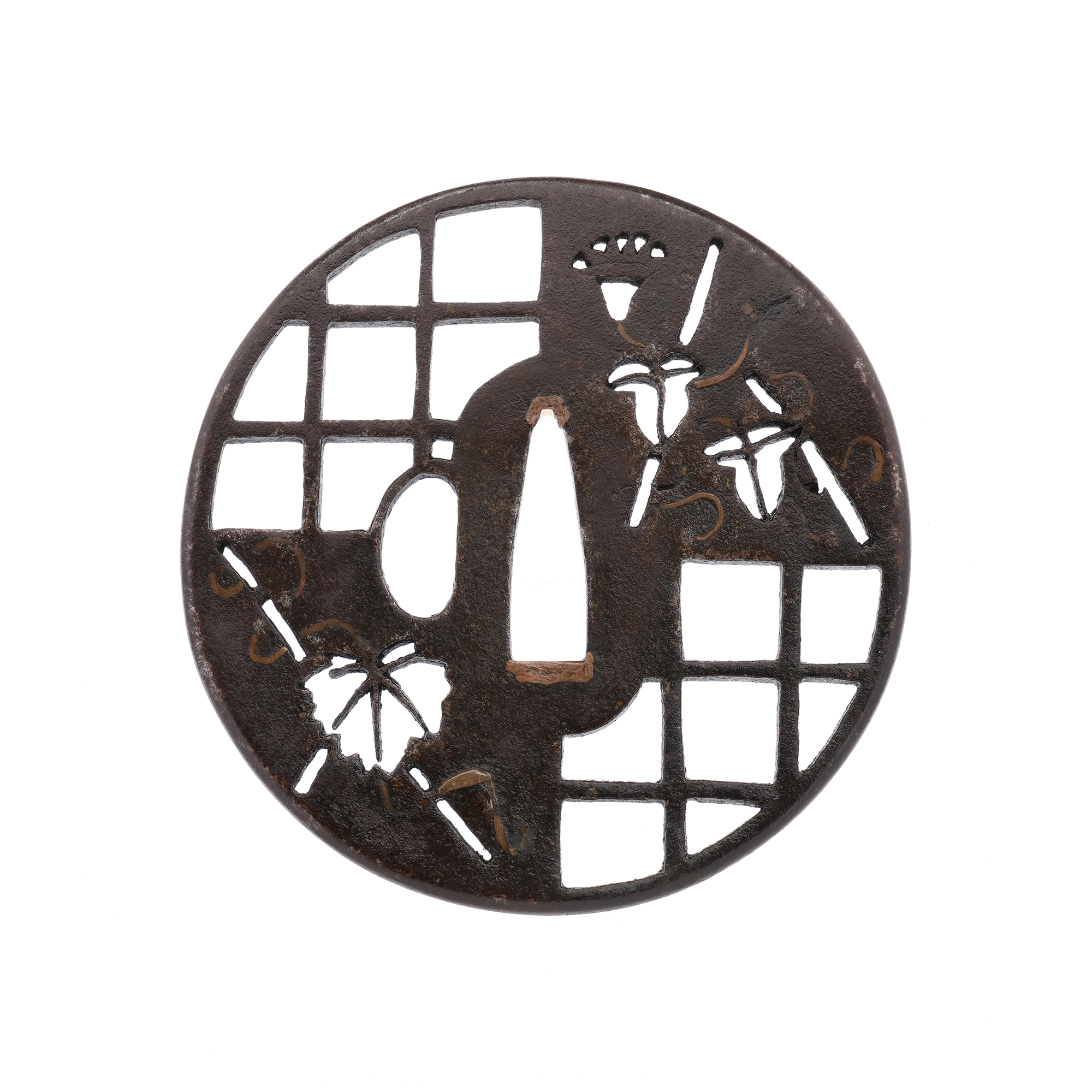 Tsuba with Morning Glory and Lattice Design, Mumei — 2 of 7
