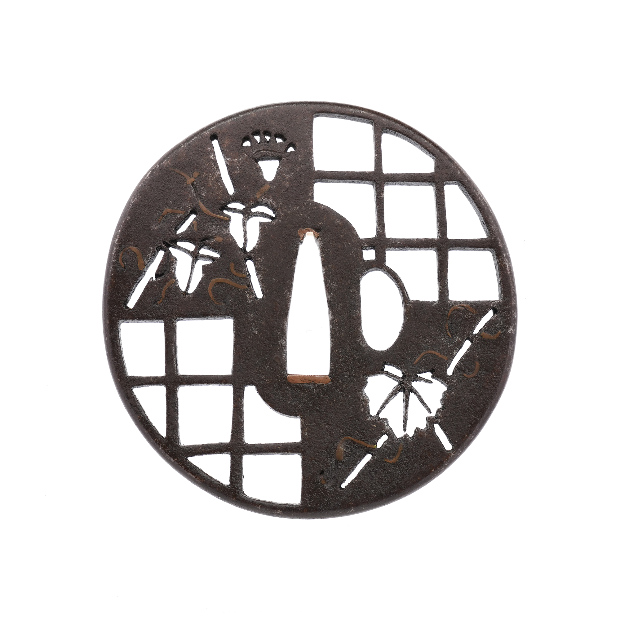 Tsuba with Morning Glory and Lattice Design, Mumei — 3 of 7