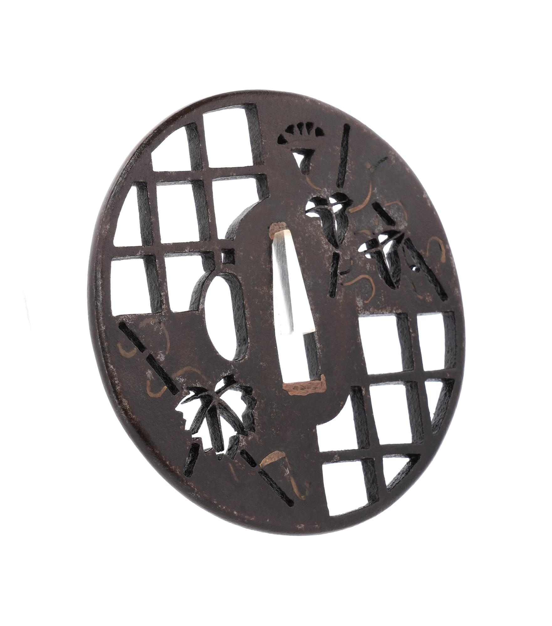 Tsuba with Morning Glory and Lattice Design, Mumei — 5 of 7