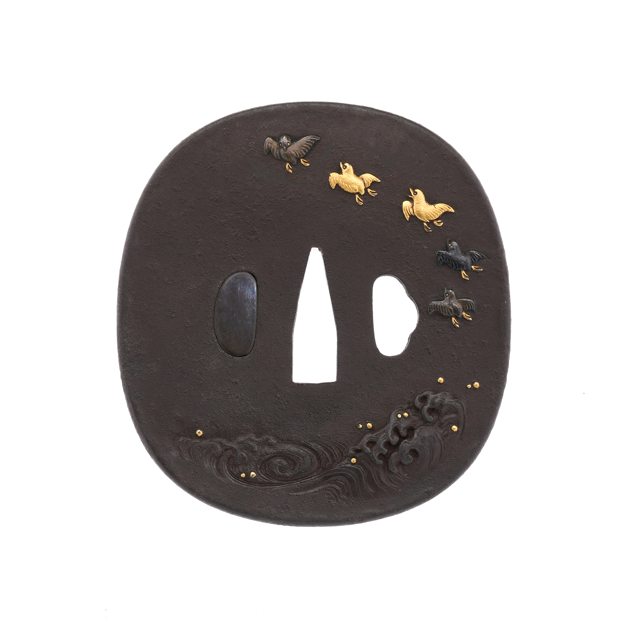 Tsuba with Wave and Plover Design, Mumei (Shonai) — 1 of 10