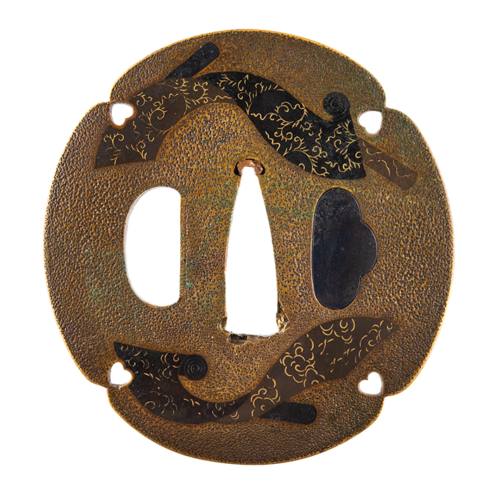 Umetada Style Sentoku Tsuba with Textile Rolls – Middle Edo Period — 1 of 10