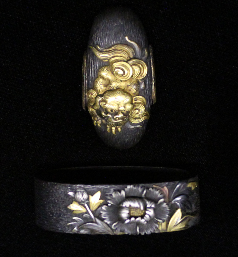 Fuchi Kashira: Peony and Lion Design, signed Naonori — 1 of 12